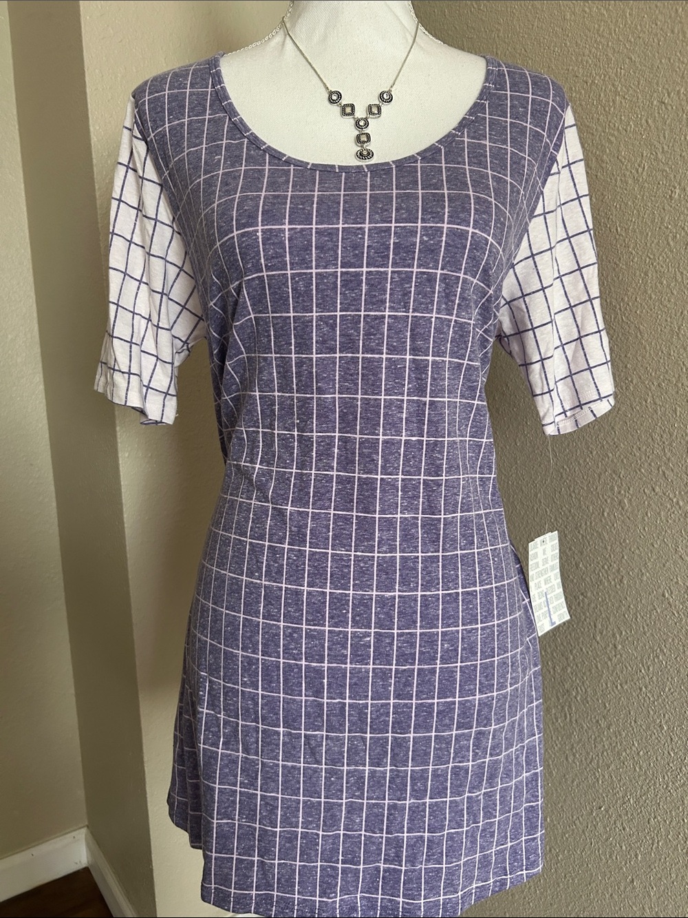 LuLaRoe Purple and White Grid Scoop Neck Tunic